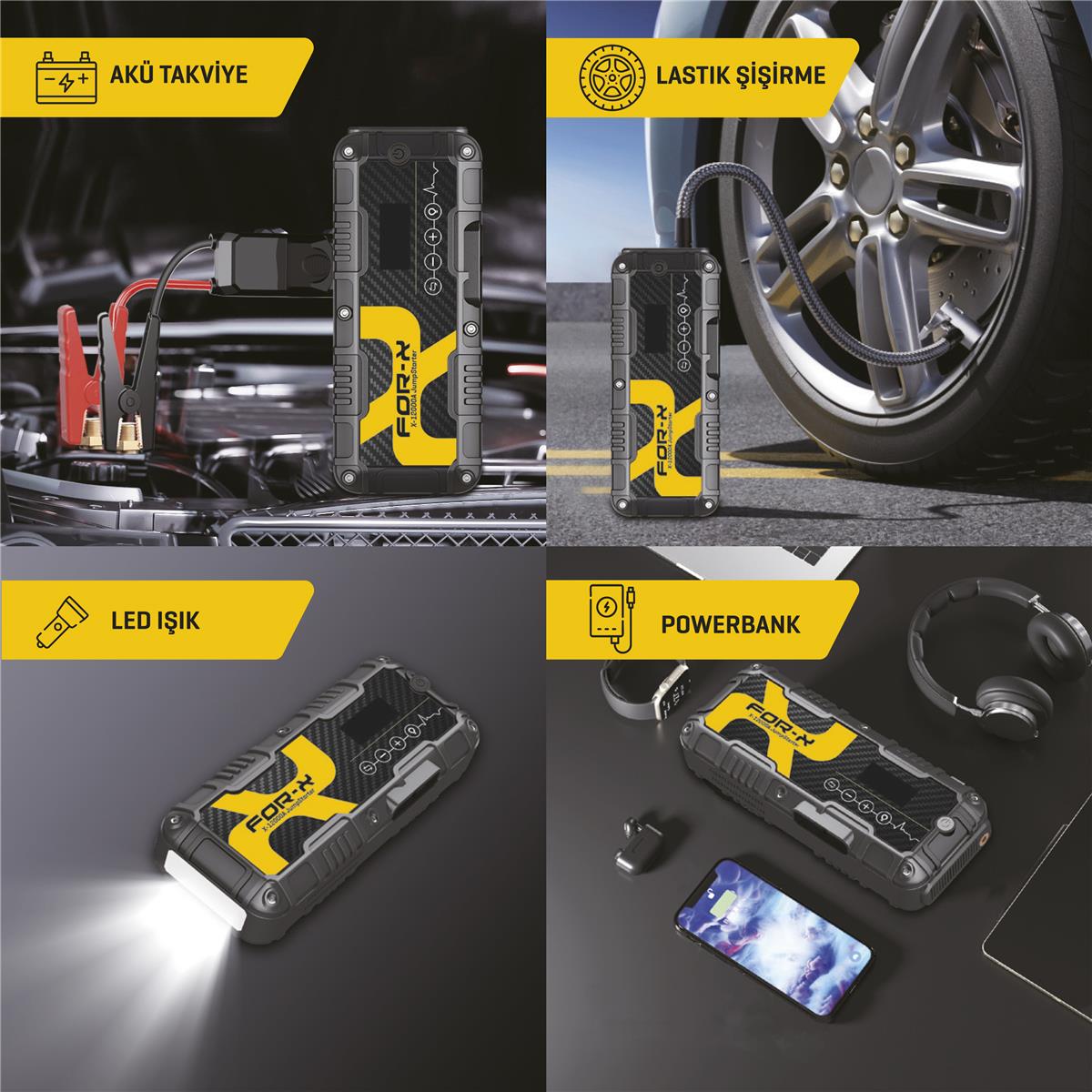 FOR-X X-12000A 4'Ü 1 ARADA AKÜ TAKVİYE CİHAZI/POWERBANK/LASTİK ŞİŞİRİCİ/LED IŞIK